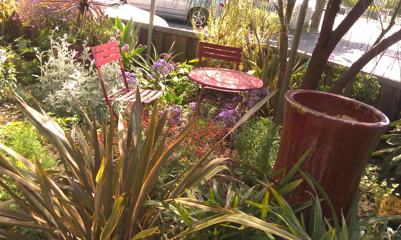 colorful flowers are near red chairs in a garden