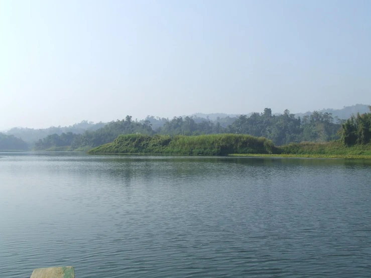 there is a large body of water with trees in the background