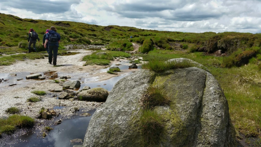 two people walk on a rocky path in a green field