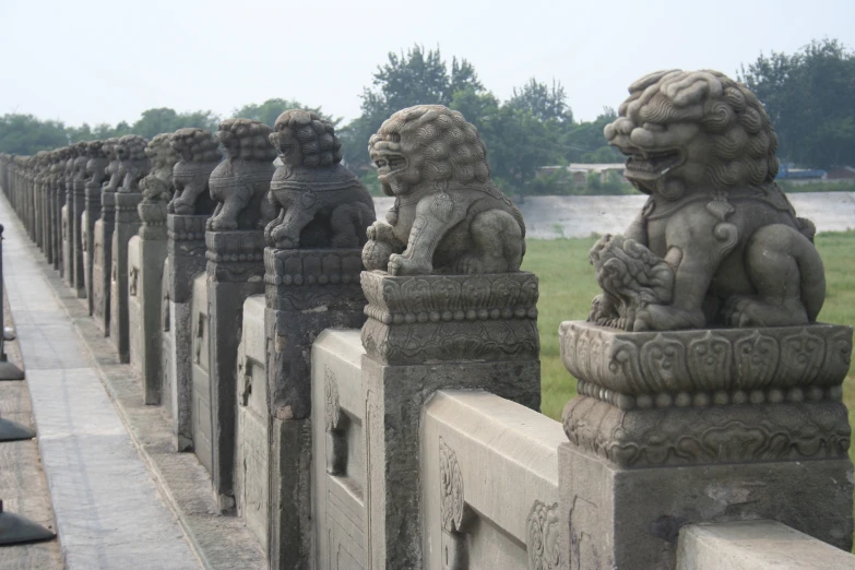 a row of stone lions are on the wall