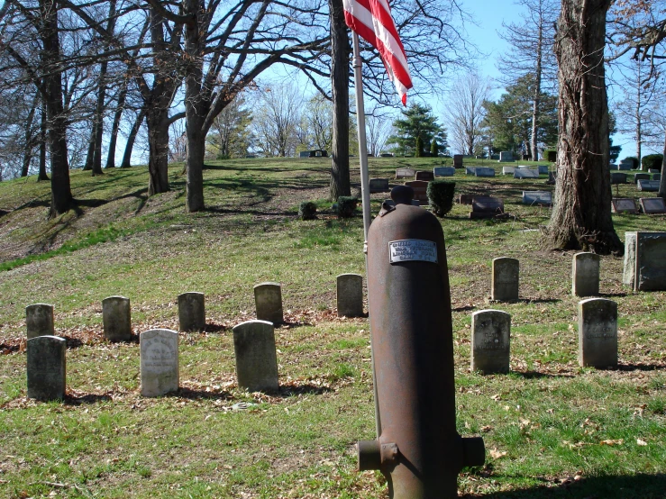 the american flag is on a pole in the cemetery