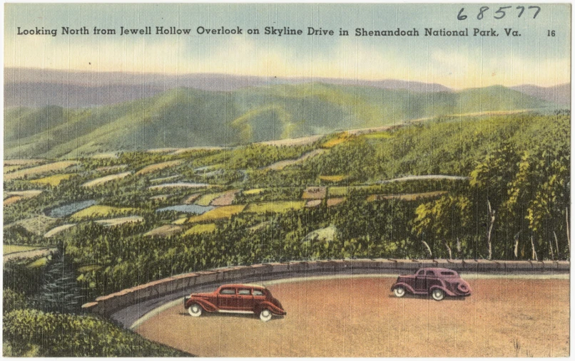 the old picture shows two cars in front of a mountainous view