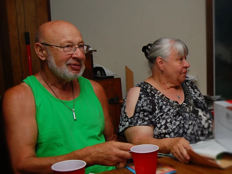 a man and a woman sitting next to each other at a table