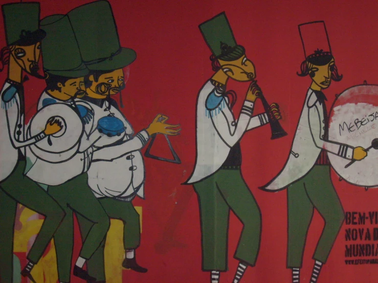 a painting of three men in green pants and hats playing the instruments