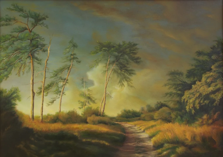 painting of forest with pathway leading to trees