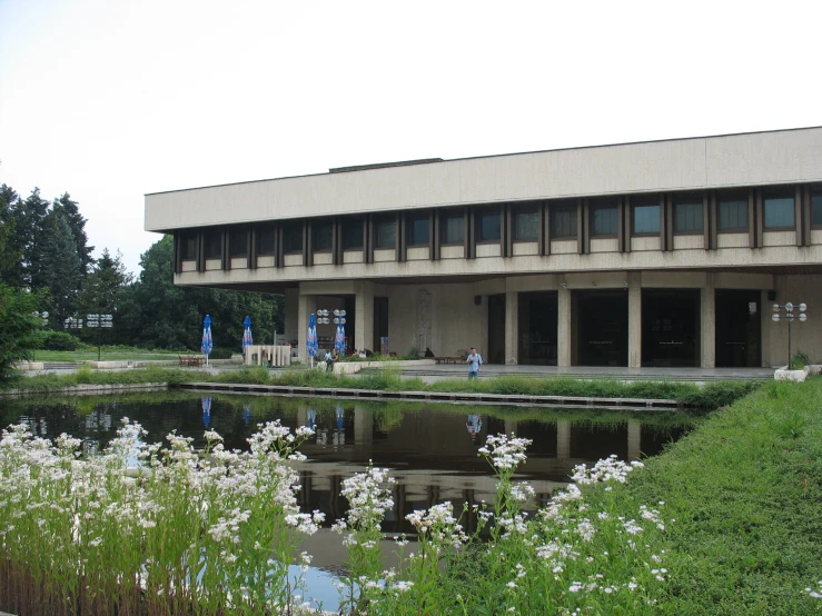 the building has many windows and a pond in the yard