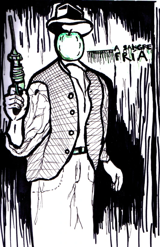a drawing of a man wearing a hat and tie holding a bottle