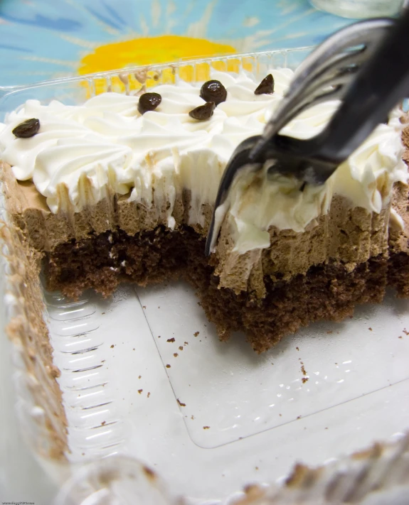 cake and fork on a plastic container with blue and white plate