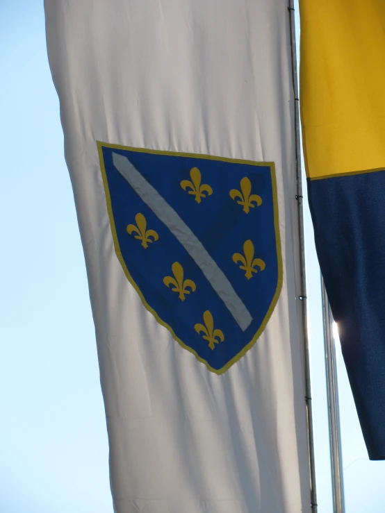 a pair of flags with the coat of arms on them