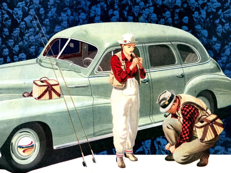 a couple of men and women pose with fishing rods in front of a car