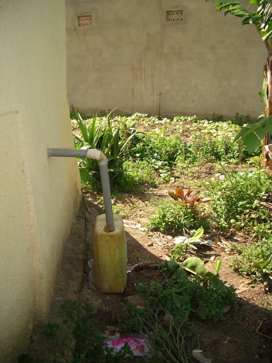 a yellow trash can sitting in the grass next to a building