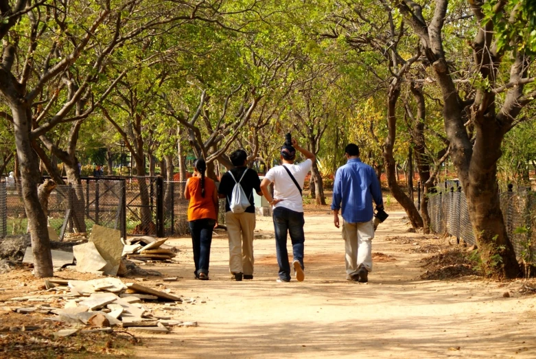 a group of people walking down a path between trees