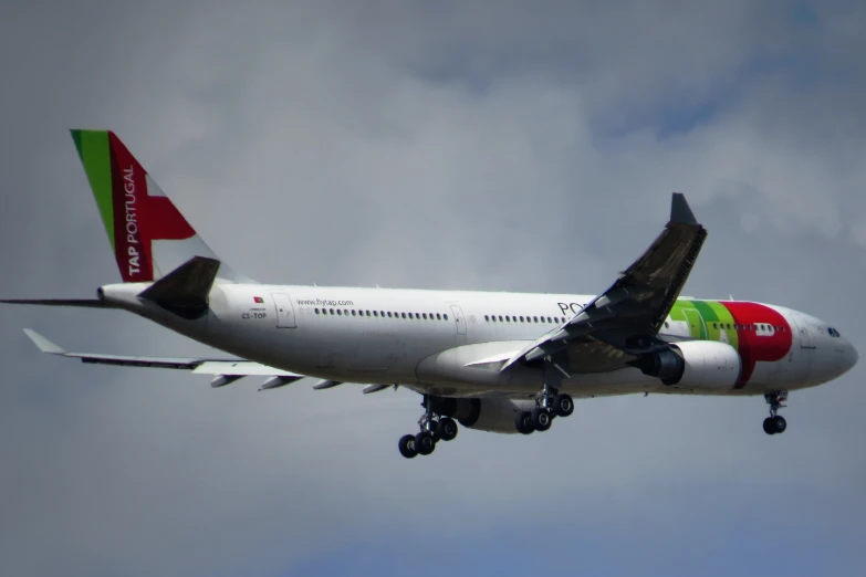 an air plane with different colors and wheels flying in the sky