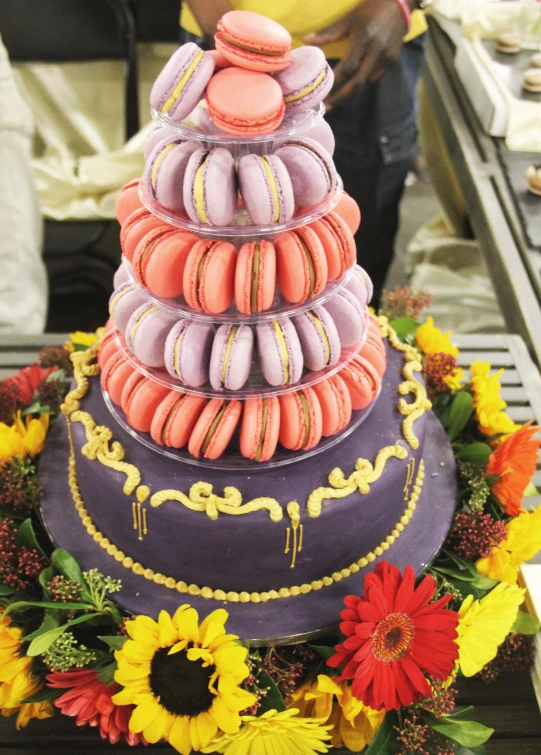 the decorated dessert is being displayed on a table