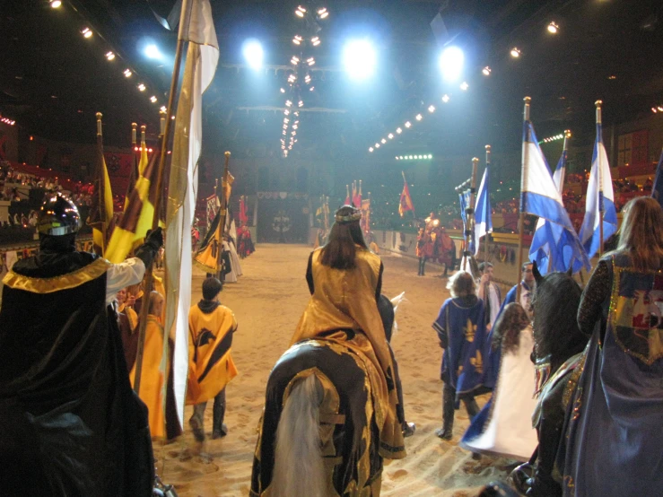 a person on horseback riding around with flags