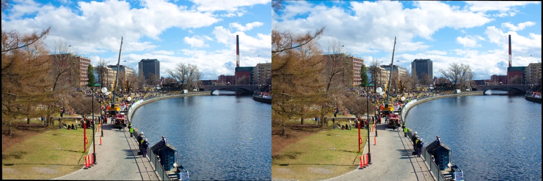 three separate panoramas of some people walking on a sidewalk next to a river