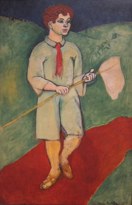 painting of a man pulling the tail of a boat