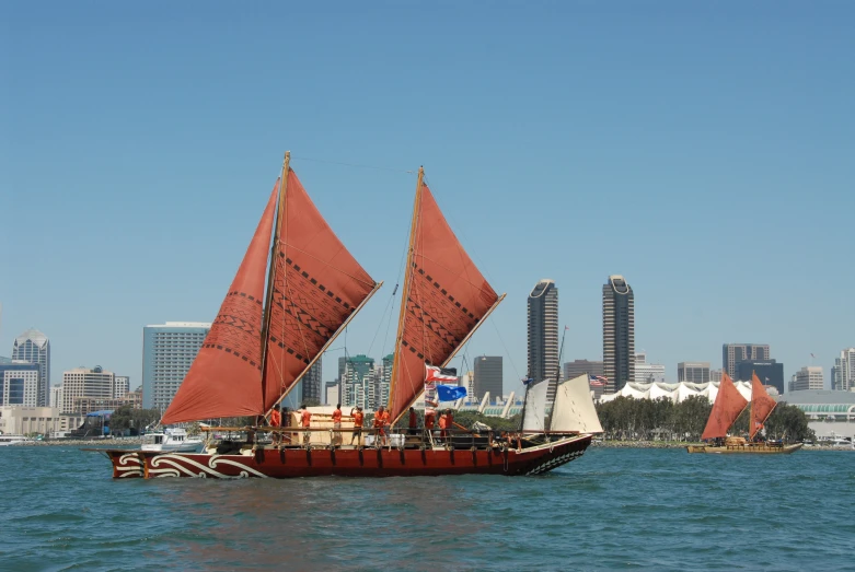 the old wooden ship is going through the water