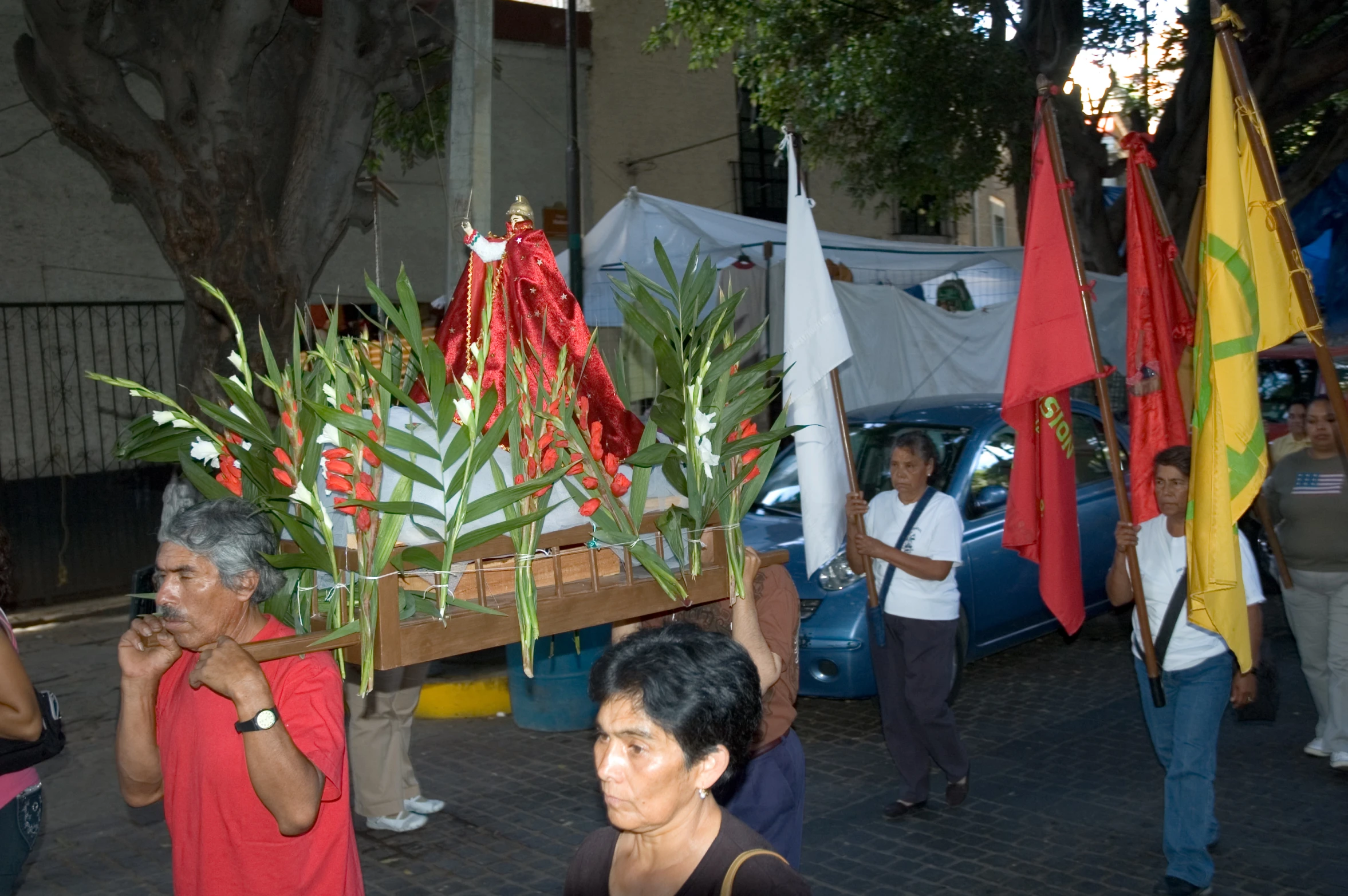 men walking on the sidewalk holding up flags and plants