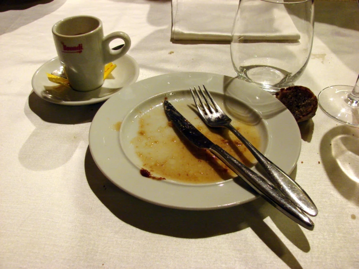 a dirty plate next to a fork and a coffee cup on a table