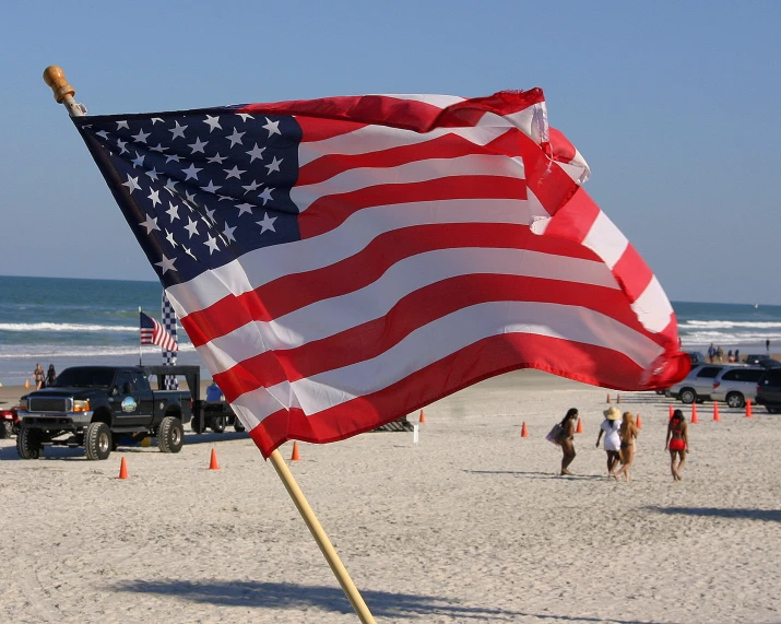 an american flag on a stick at the beach