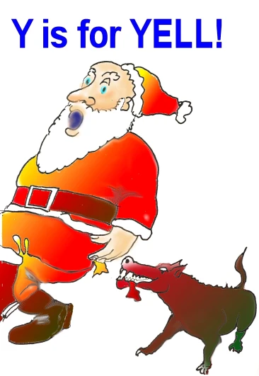 santa claus is running after a dog that has a bell on his chest
