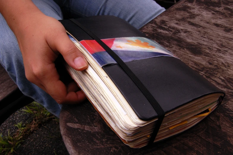 a man is opening his notebook and holding it open