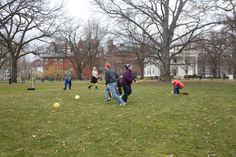 adults and children playing cricket in the park on a nice day