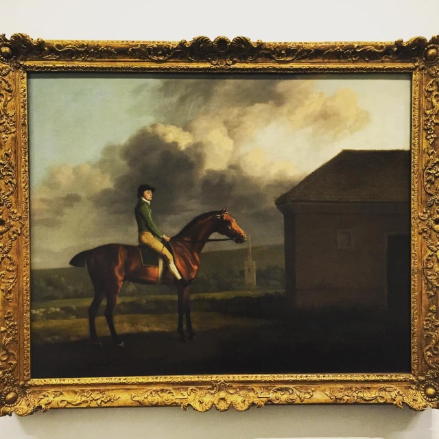 a painting of a person on a horse with a barn in the background