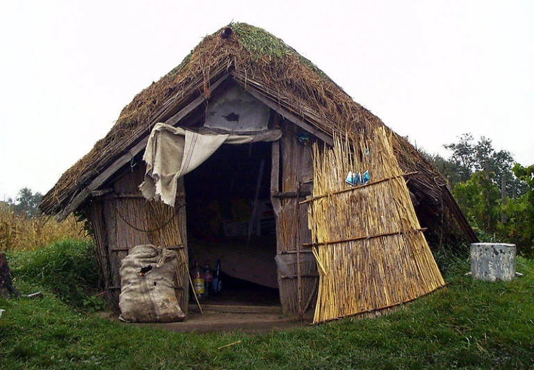 a building with straw thatched roof and a large white flag hanging over it