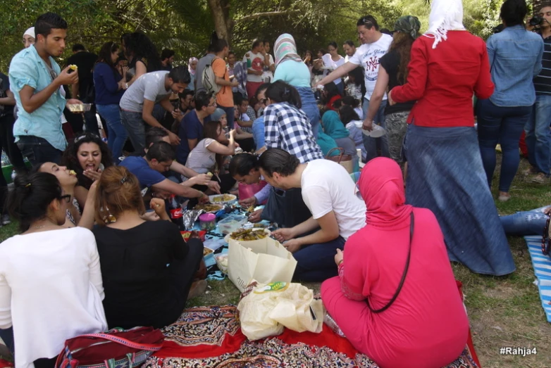 many people are gathered in a large park for a picnic