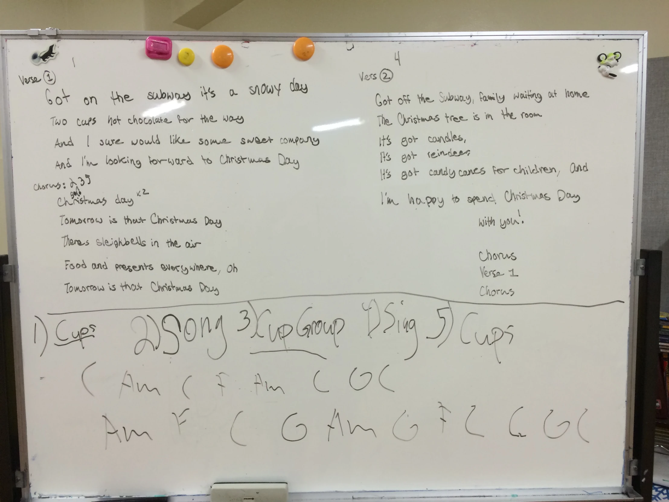 the writing on a whiteboard is shown with oranges