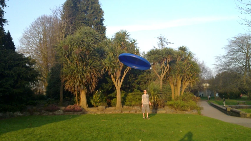 a person standing in a grass field flying a blue frisbee