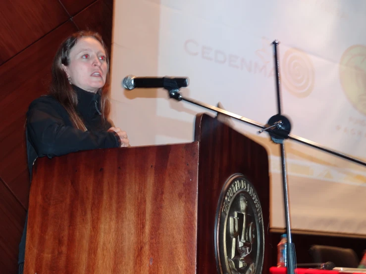 a woman standing at a podium speaking into microphones