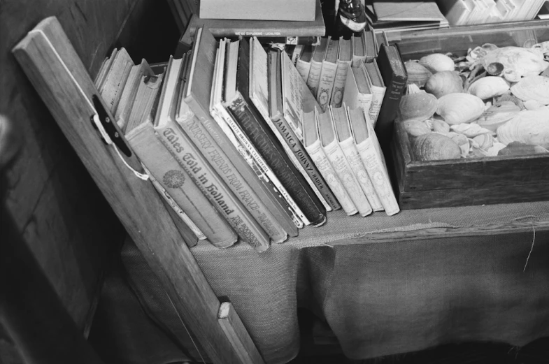 a black and white po shows a variety of books in an old box