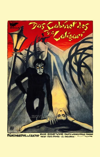a vintage poster shows a scary woman laying on a large body of body