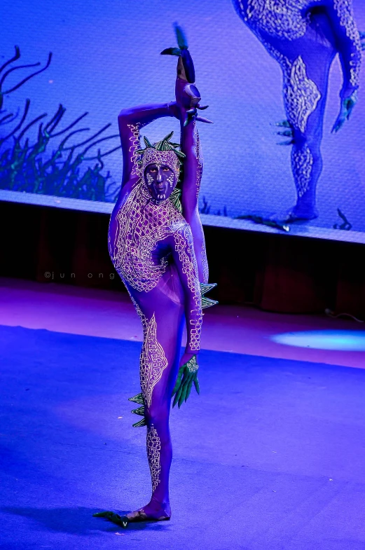 woman in purple and black body suit posing on a runway