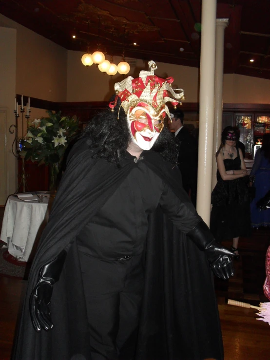 a woman wearing a dragon mask and cape standing on top of a wooden floor