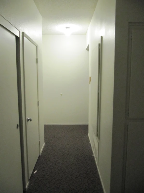 a long hallway with white walls and brown carpet