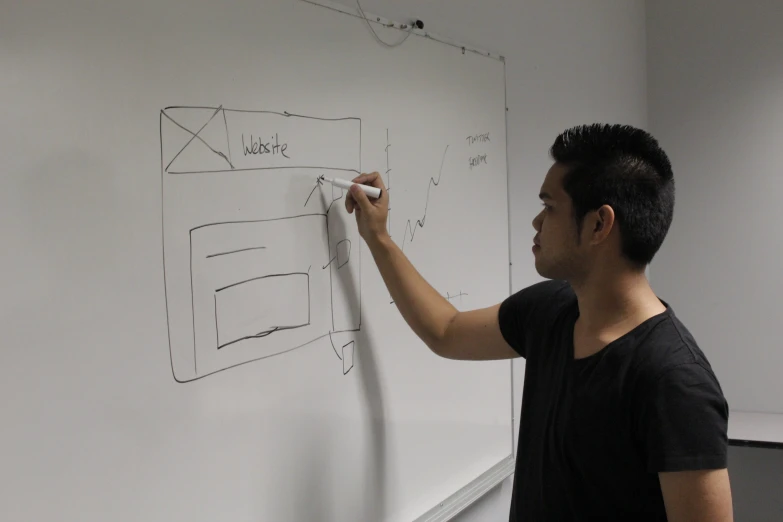 man writing on white board with whiteboard attached to wall