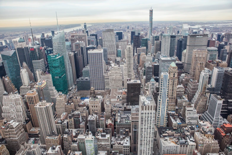 an aerial view of many large city buildings