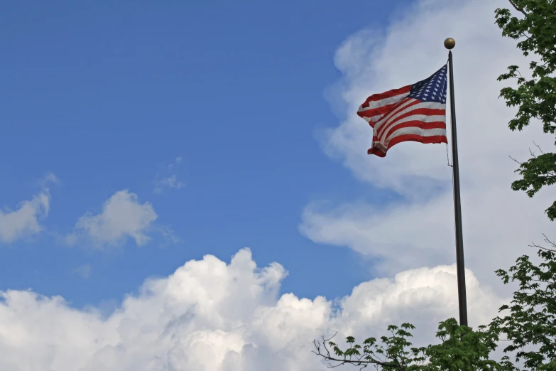 a flag flies over an american flag and trees