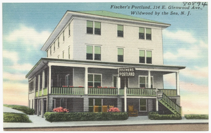 a postcard showing the corner of an apartment building