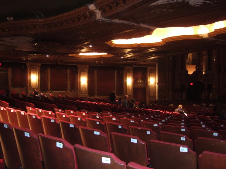 rows of brown seats in an ornate theater