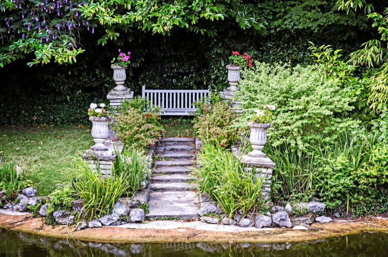 a bench in the park surrounded by plants