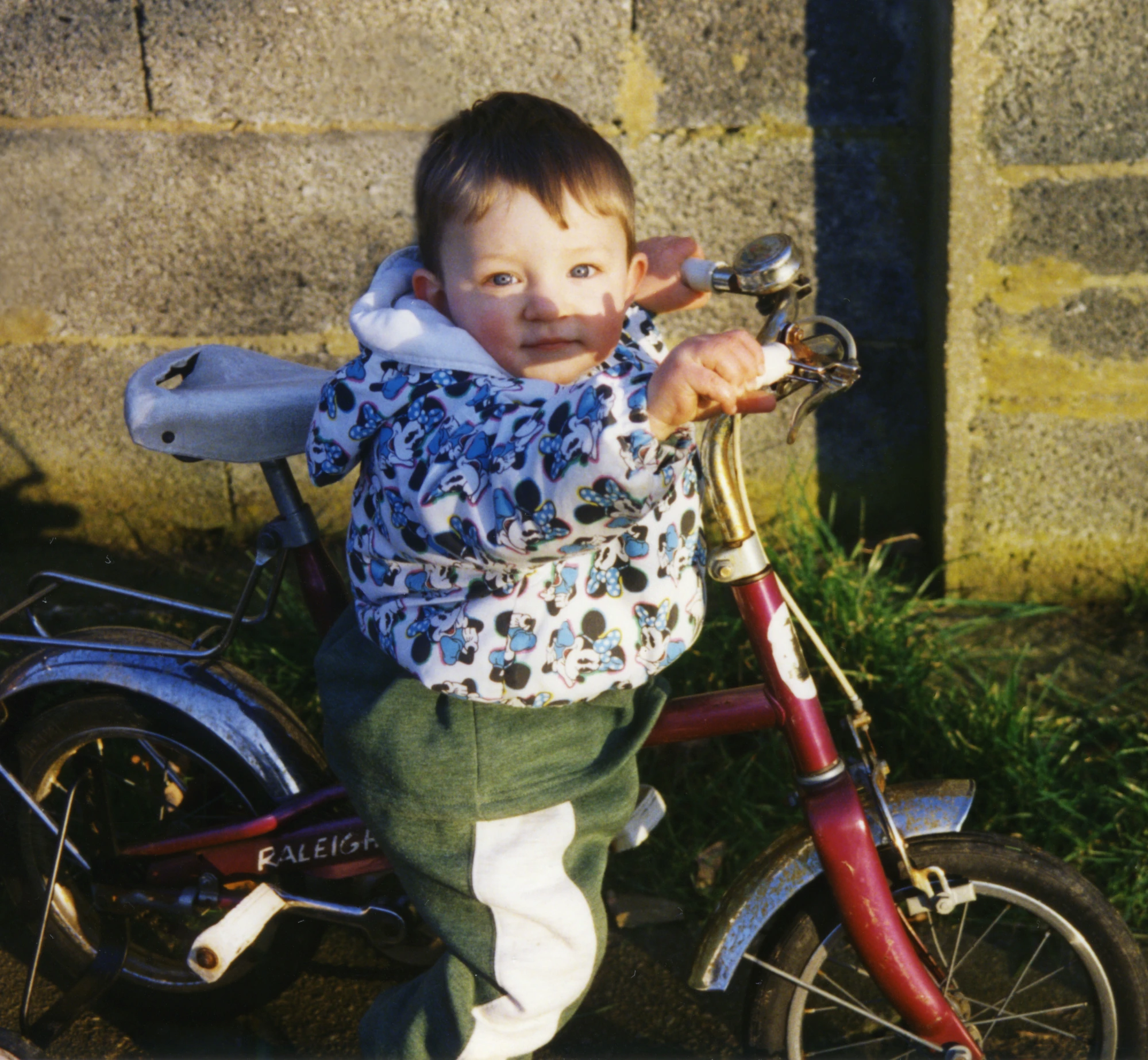 a little  sitting on the back of a little bike