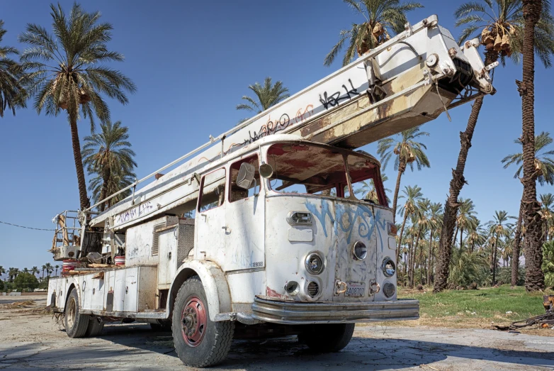 an old truck with an over painted design and palm trees