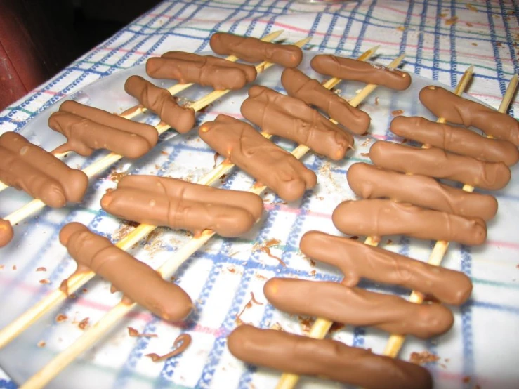 many chocolate  dogs are lined up on a table