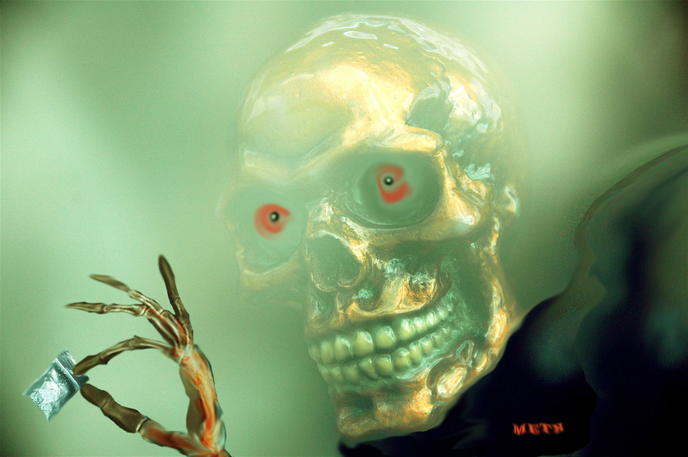 an artistic digital painting of a dead man with green eyes