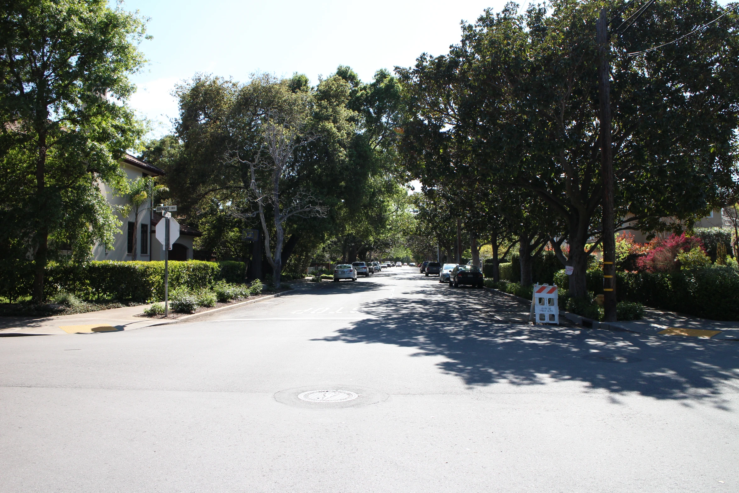 the street is empty and all the cars are traveling down it